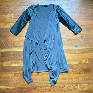 John Eshaya open front long line cardigan with 3/4 lengh leather sleeves